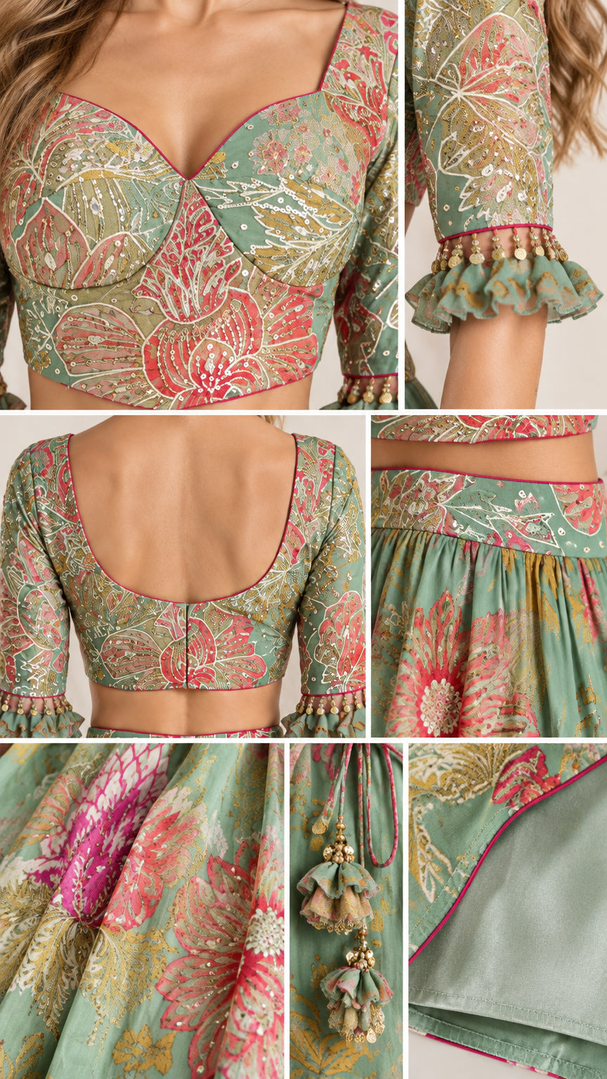 Close-up details of sweetheart neckline, beaded tassel ruffle cuffs, and fabric texture