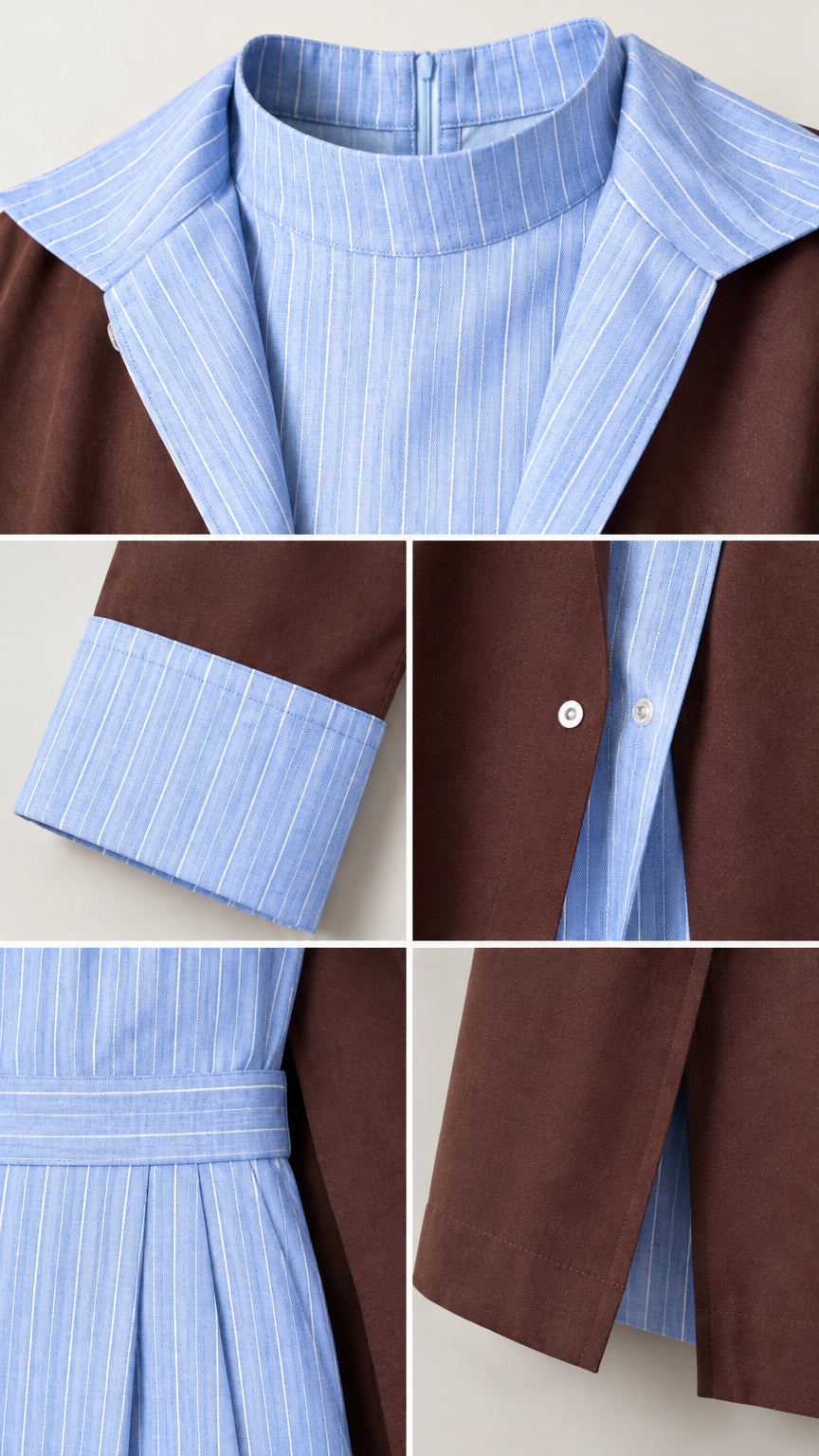 Detailed close-up collage of high collar, striped cuffs, button front, and pleated waist