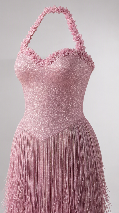 Close-up of floral appliqué halter neckline and pink shimmer fringe bodice