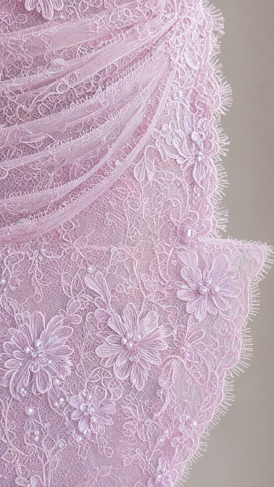 Close-up detail of textured floral lace fabric with bead embellishment and eyelash trim