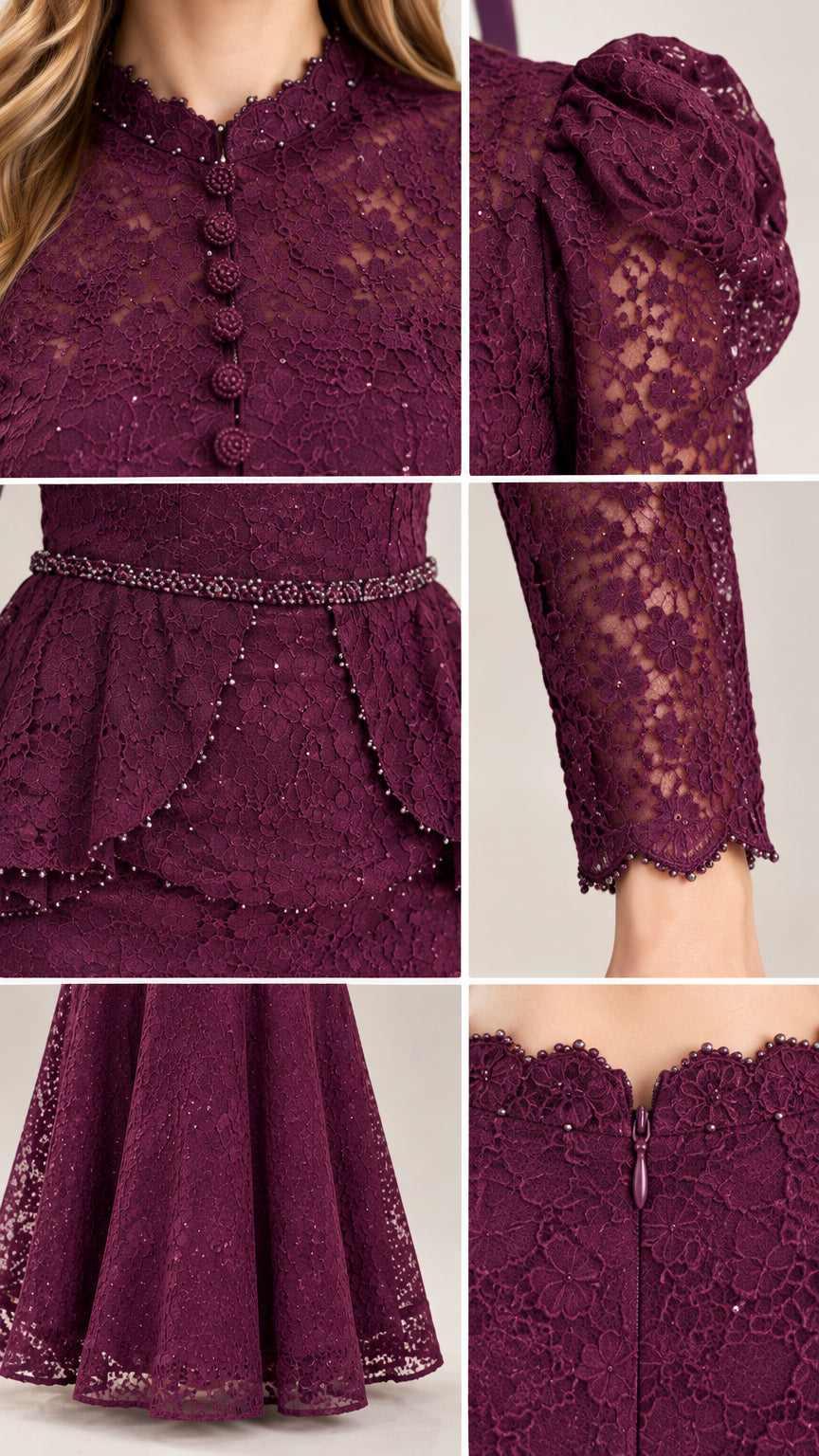 Close-up details of beaded waist, lace fabric, puff shoulder, and back zipper