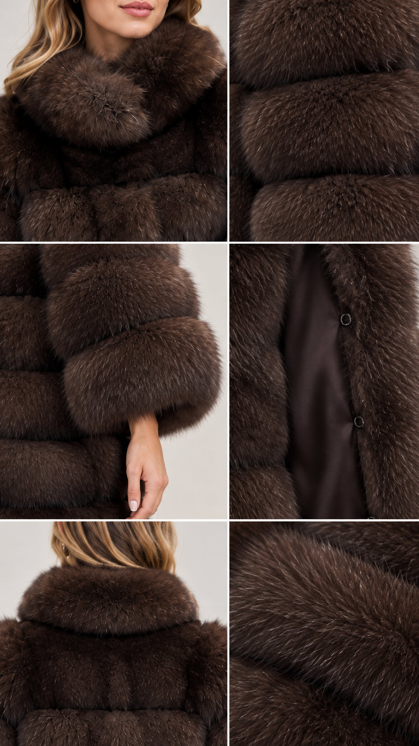 Close-up details of collar, cuffs, lining, and plush faux fur texture