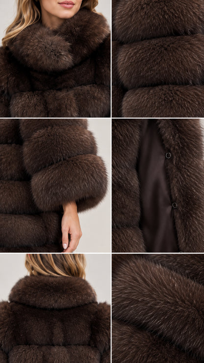 Close-up details of collar, cuffs, lining, and plush faux fur texture
