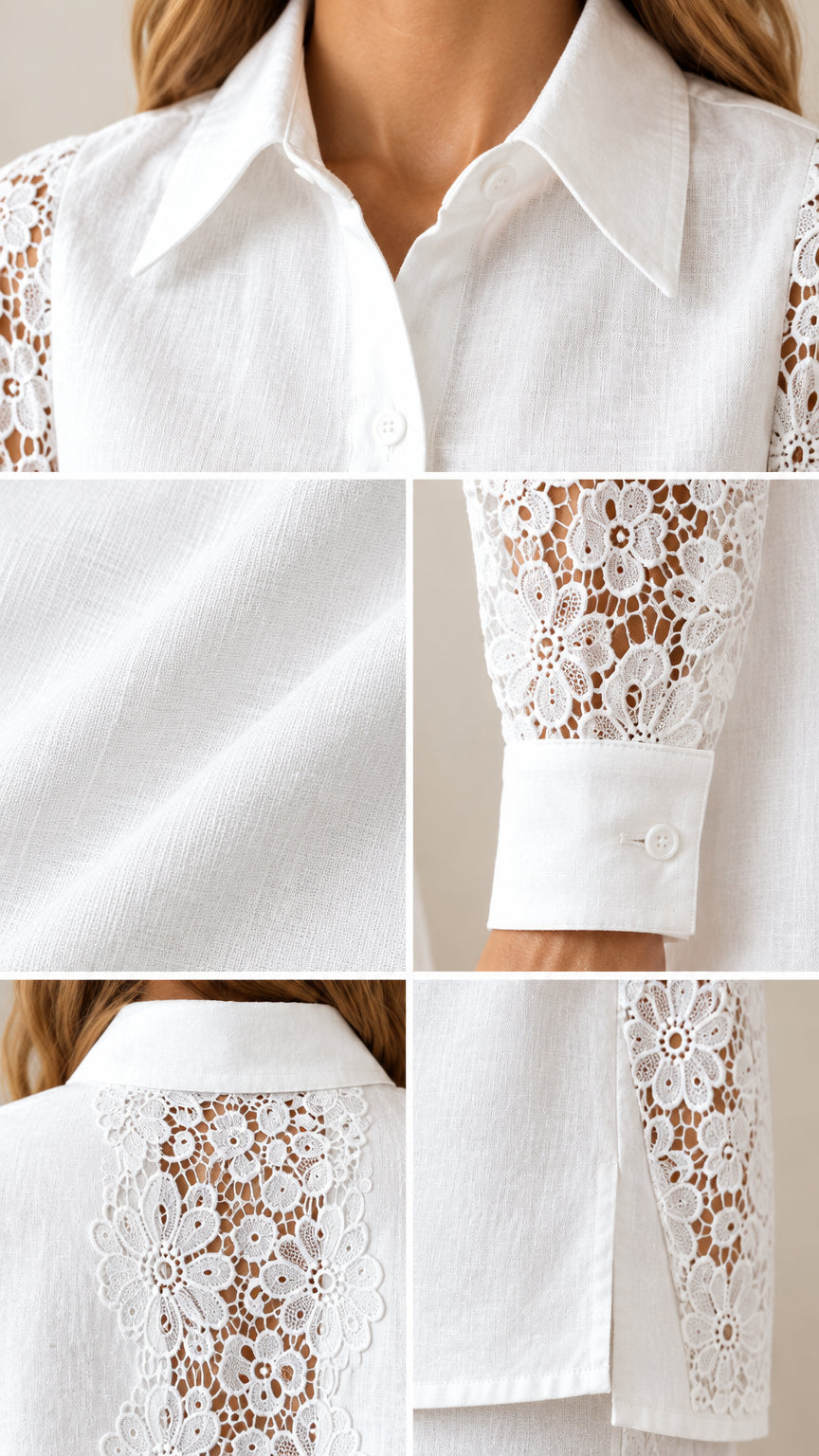 Close-up details of collar, woven fabric, button cuff, and floral lace inserts