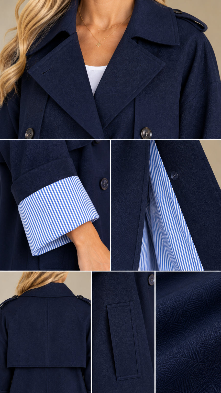 Close-up details of Navy Blue trench coat lapel, pinstripe lining, pocket, and textured fabric