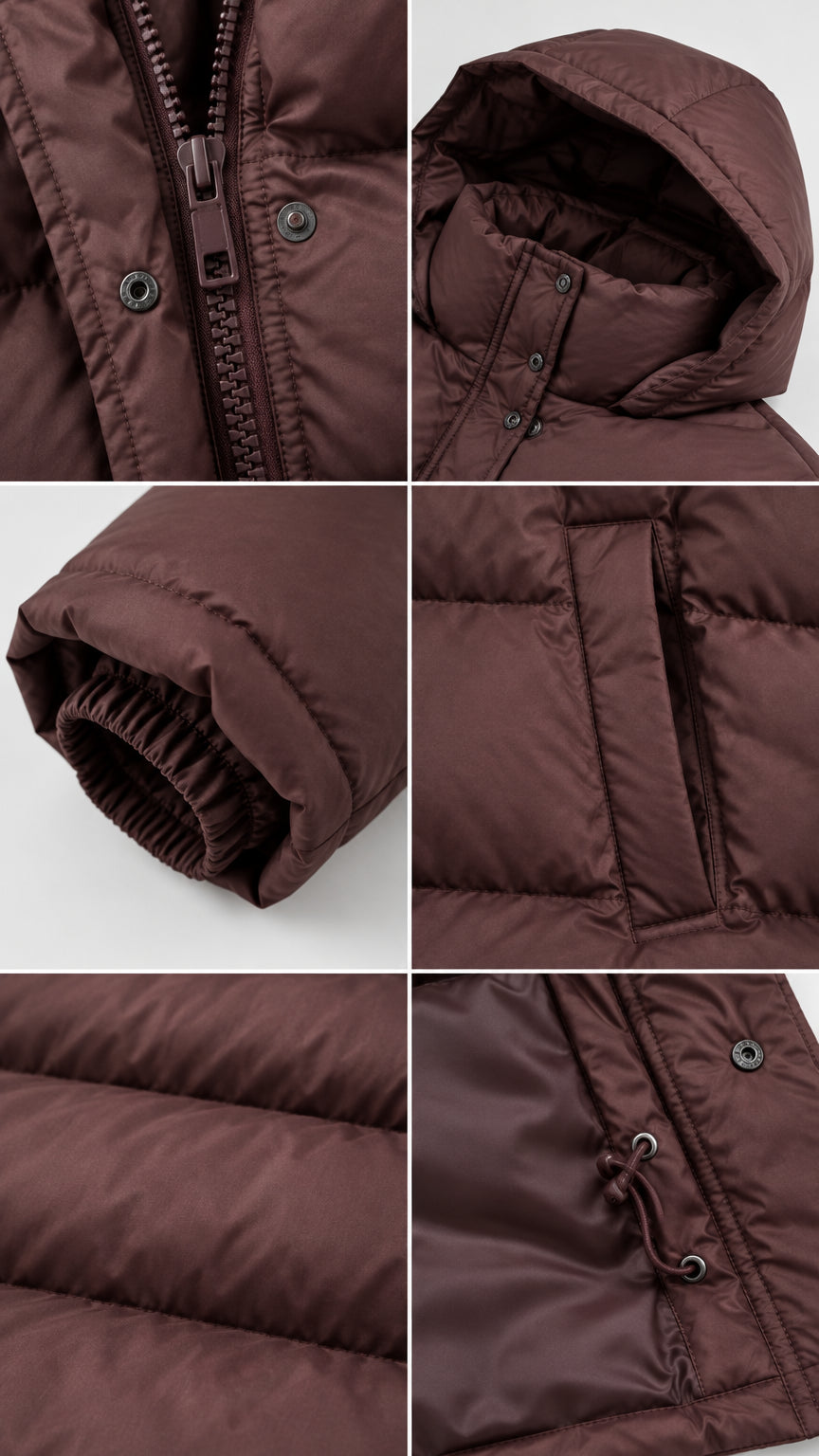Close-up details of puffer jacket zipper placket, hood, elastic cuff, pocket, and toggle hem