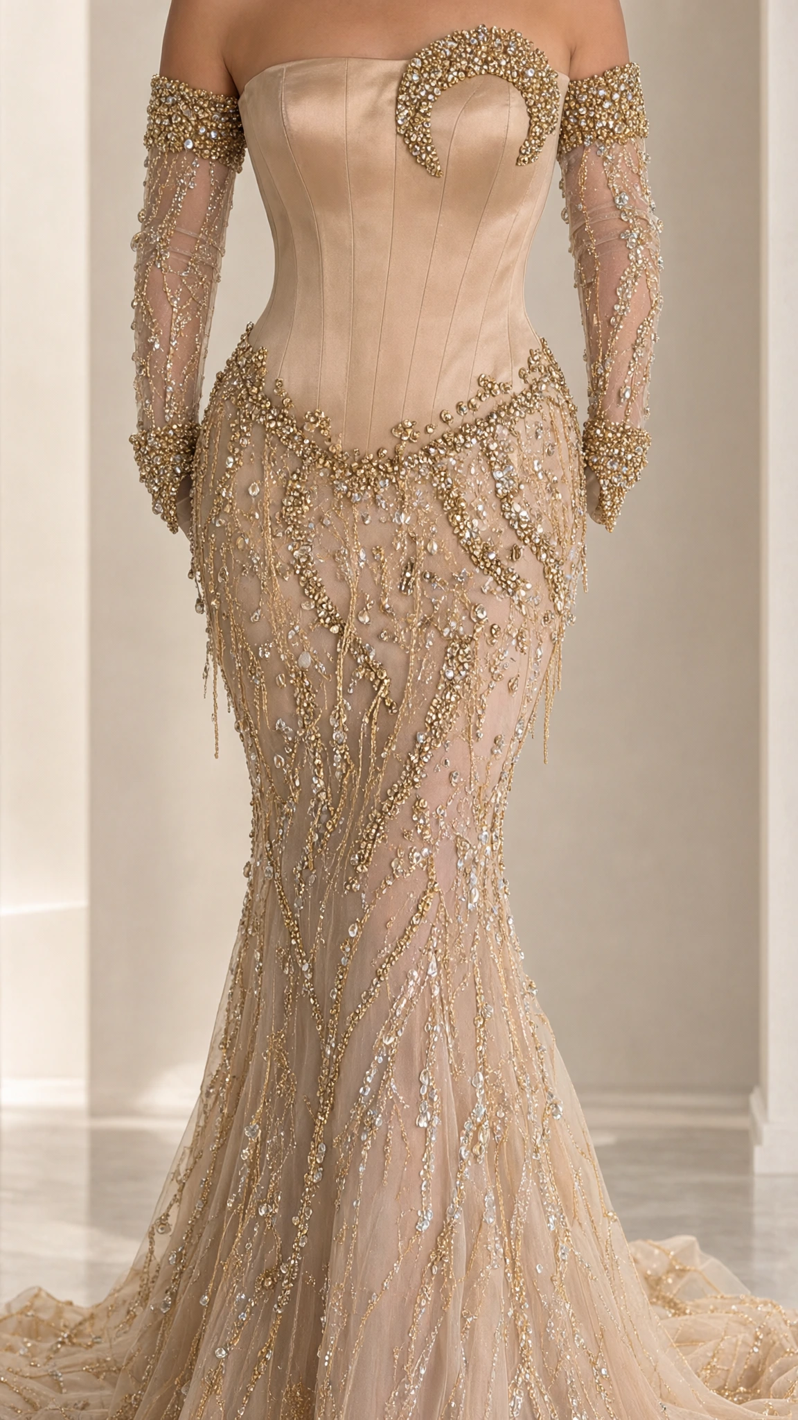 Close-up of structured champagne corset bodice, crystal cutout detail, and beaded skirt