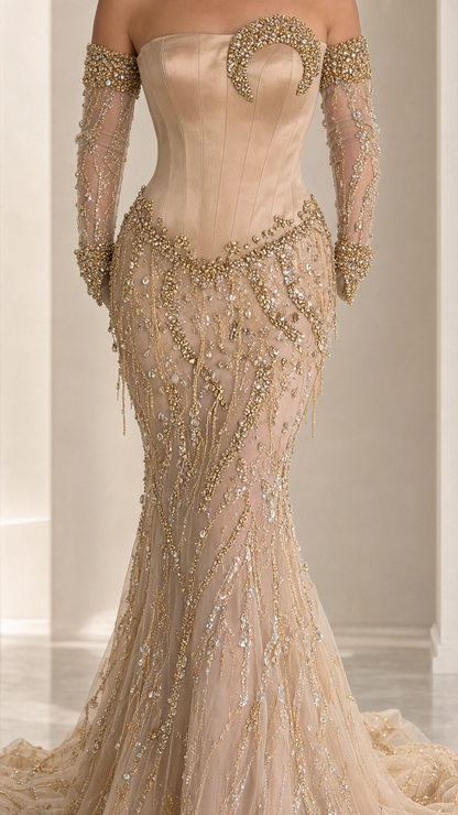 Close-up of structured champagne corset bodice, crystal cutout detail, and beaded skirt