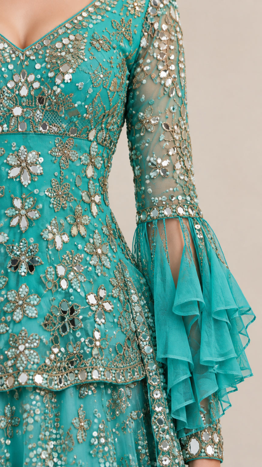 Close-up detail of Teal embroidered sleeve with tiered ruffle cuff and mirror accents