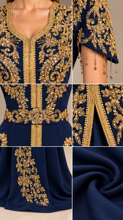 Detailed close-ups of gold embroidery, beaded sleeve trim, and fabric texture on navy blue gown
