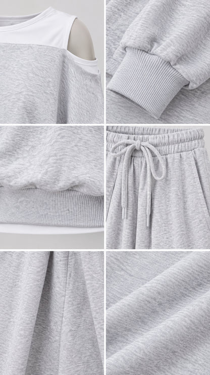 Close-up details of heather grey fabric texture, ribbed cuffs, neckline cutout, and drawstring waistband