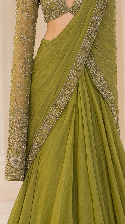 Close-up detail of embellished sleeve and draped pleated border on olive green saree gown