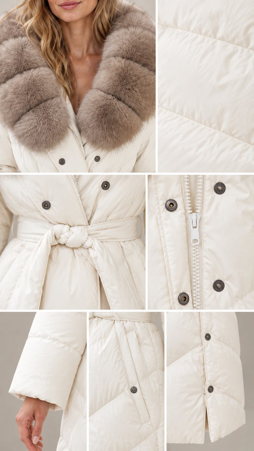 Close-up details of plush fur collar, snap closure, zipper placket, and tie belt