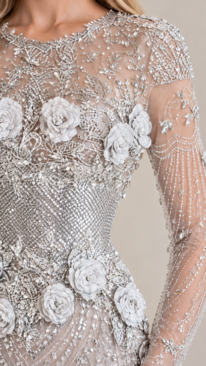 Close-up of sheer neckline, 3D floral appliqués, and bead embellishments
