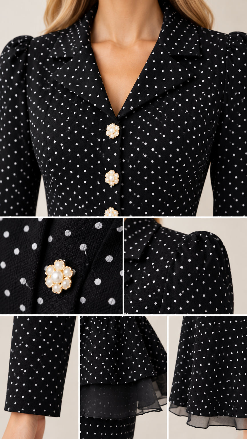 Close-up details of floral crystal buttons, lapel collar, and sheer layered peplum hem