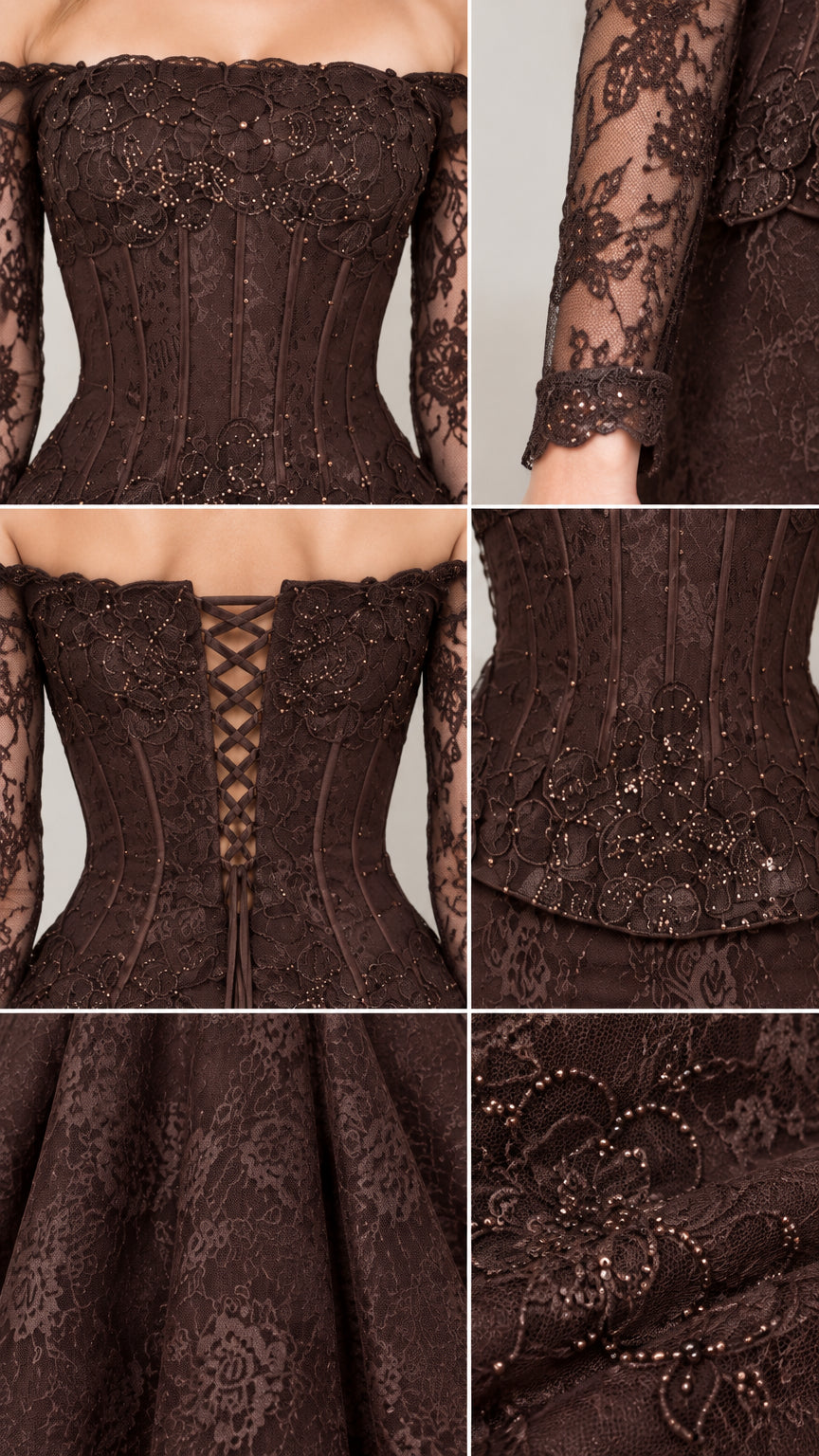 Detailed collage showing corset boning, sleeve hem, lace-up back, and beaded lace fabric