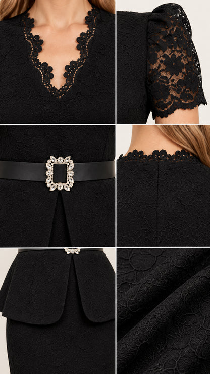 Close-up details of the lace neckline, sheer sleeve, crystal belt, and textured fabric