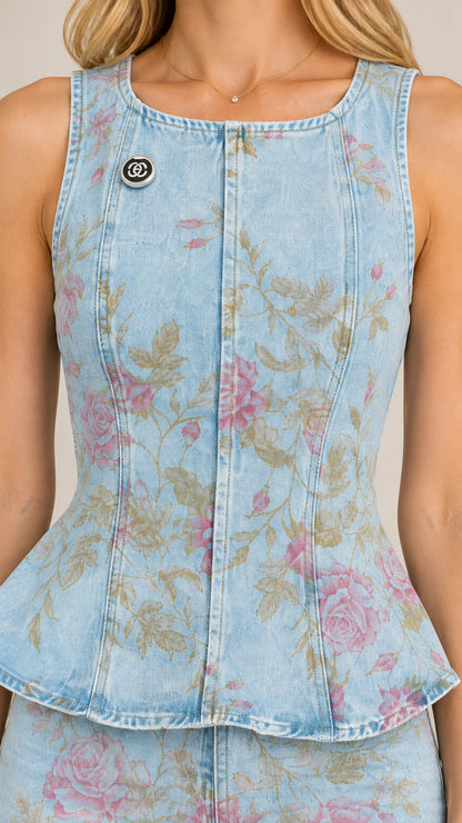 Close-up detail of Light Blue floral denim sleeveless peplum top with seam lines