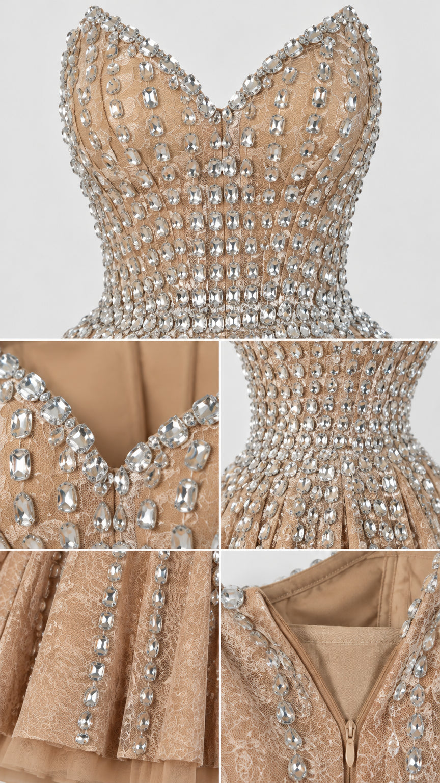 Close-up details of rhinestone beading, sweetheart neckline, and zipper on Champagne dress