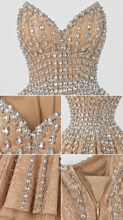 Close-up details of rhinestone beading, sweetheart neckline, and zipper on Champagne dress