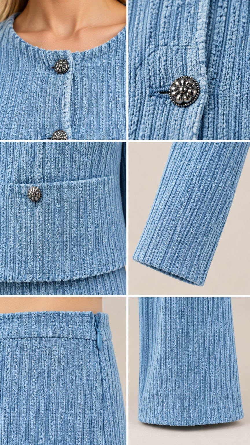 Close-up details of ribbed fabric texture ornate silver-tone buttons and sleeve hem