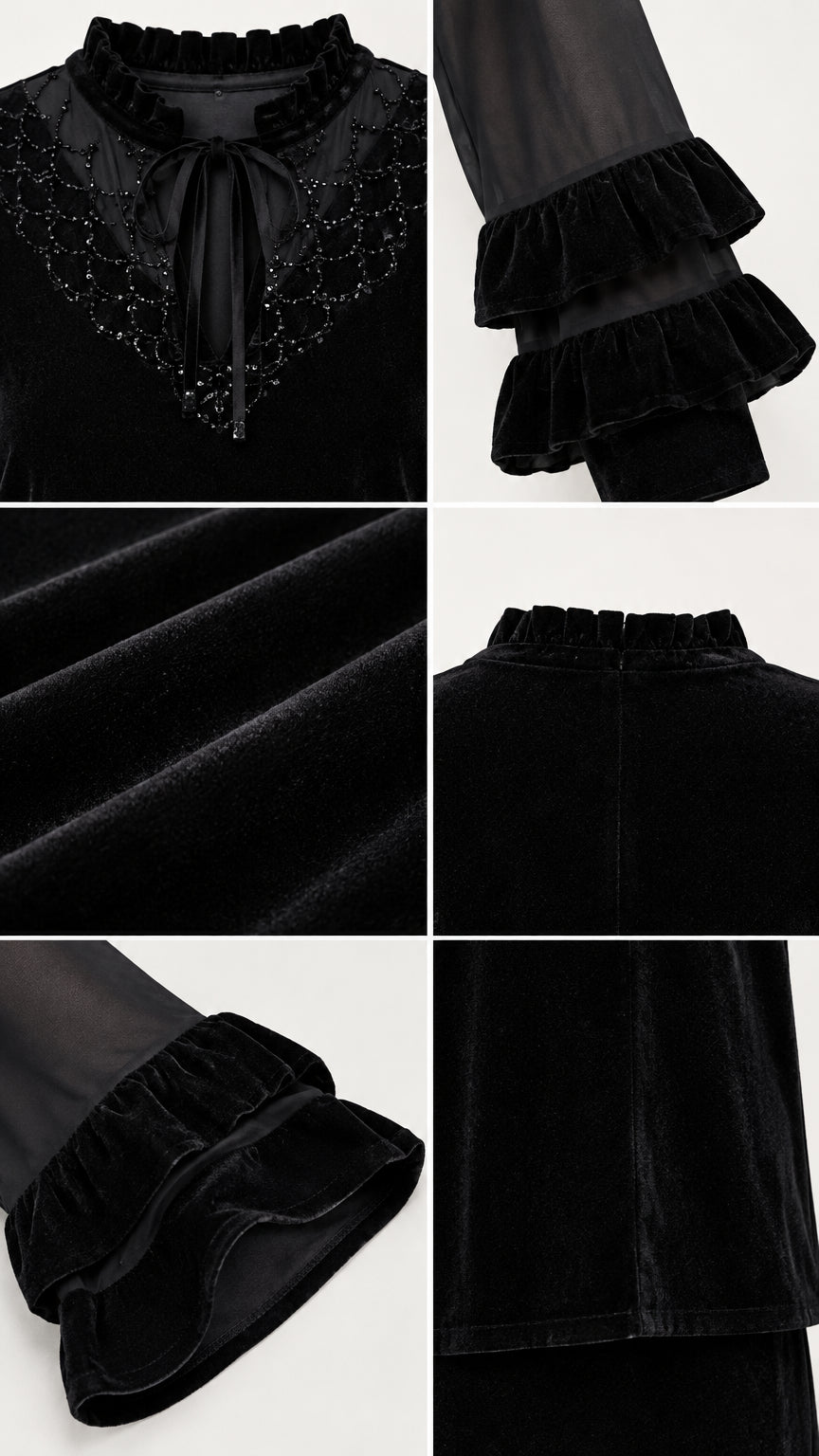 Close-up details of beaded neckline, sheer ruffle cuffs, and plush velvet fabric