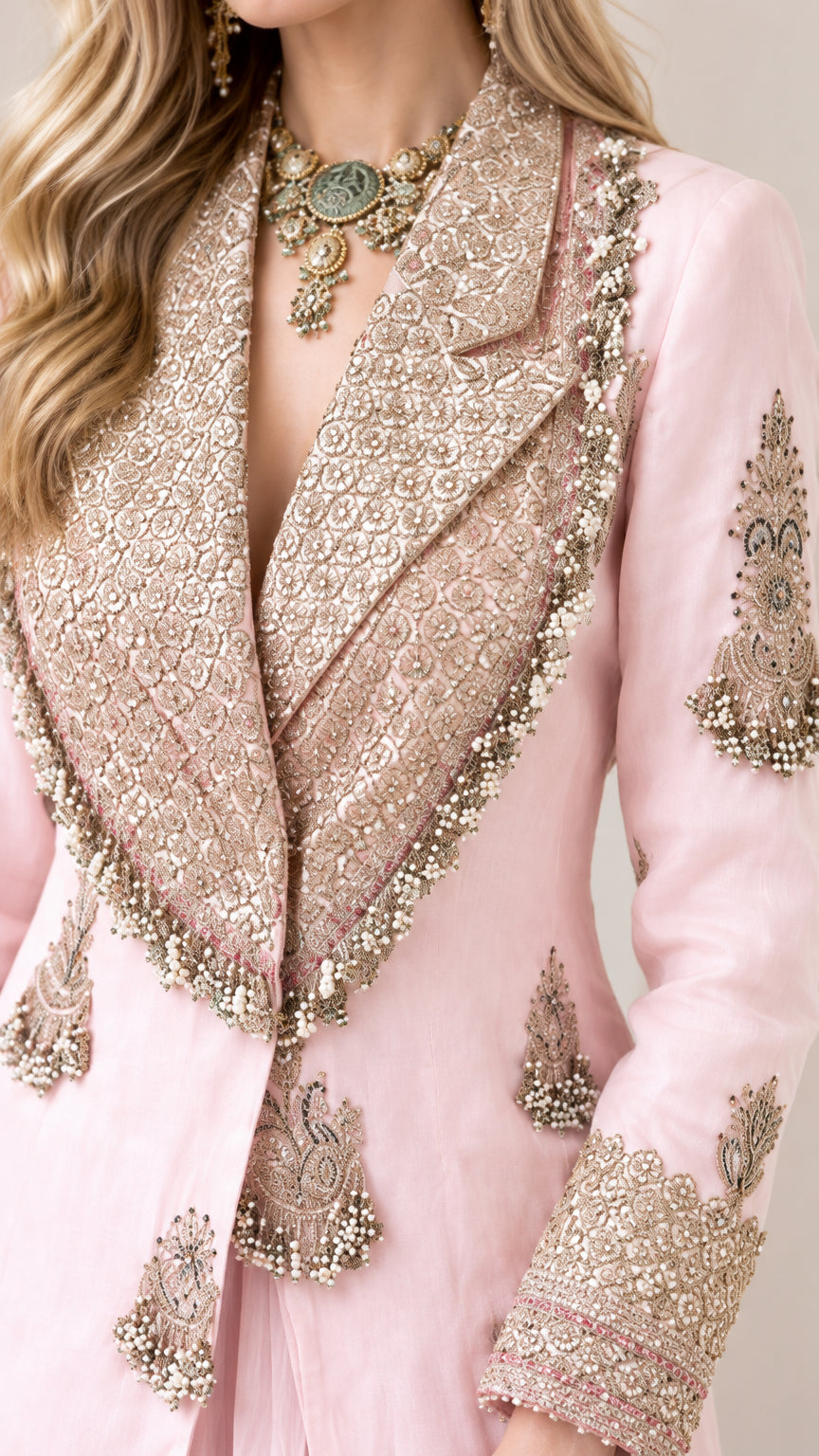 Close up of detailed metallic beadwork and embroidery on jacket lapel
