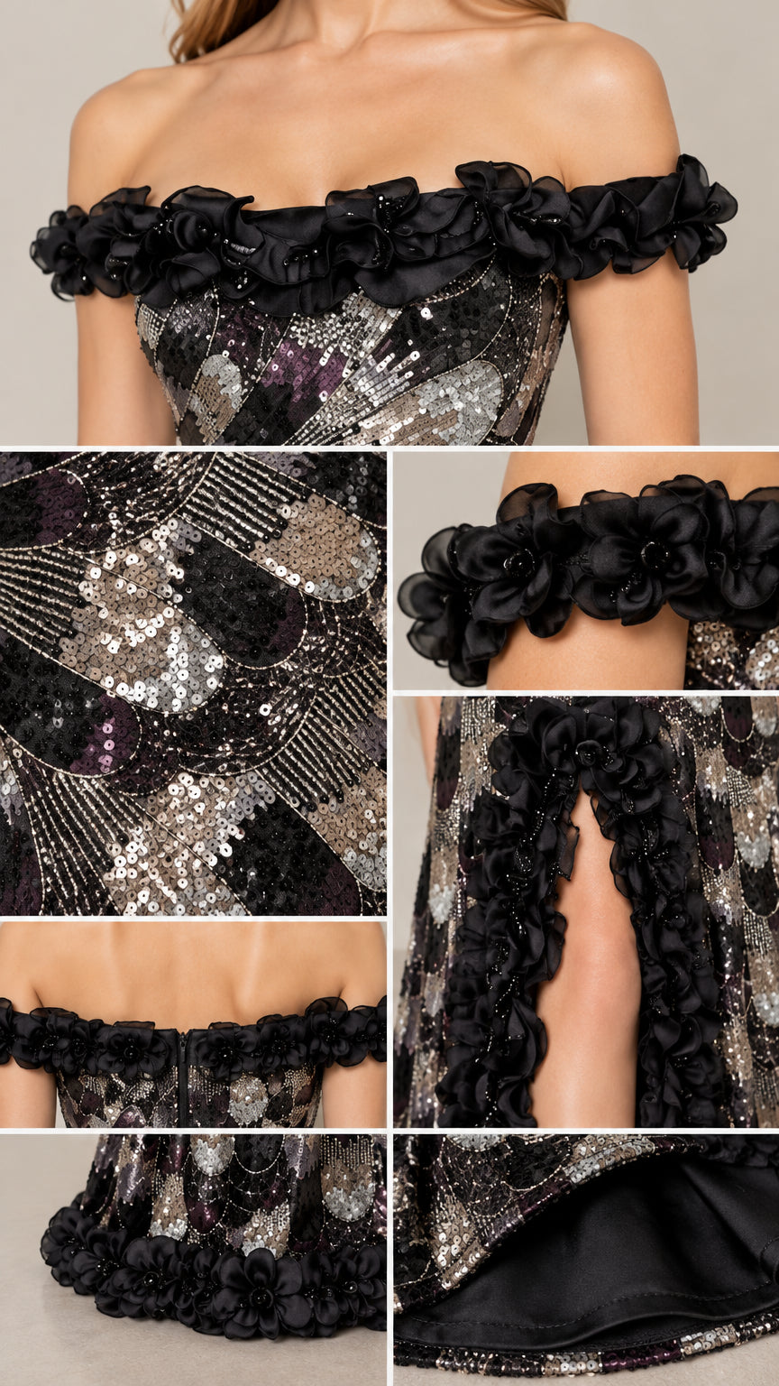 Close-up details of sequin embroidery, 3D floral rosettes, zipper, and inner lining