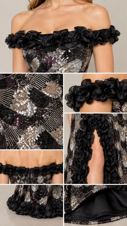 Close-up details of sequin embroidery, 3D floral rosettes, zipper, and inner lining
