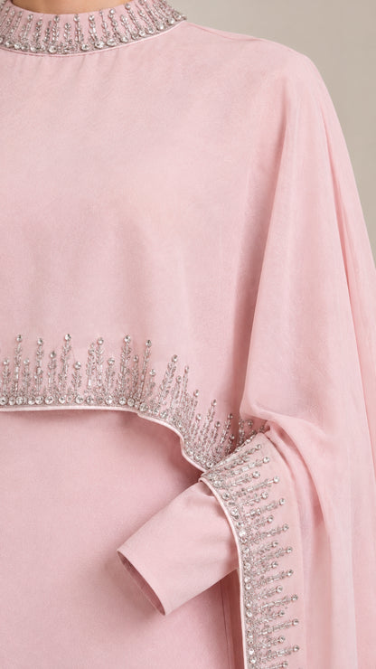 Close-up detail of Blush Pink evening gown collar and cape edge with intricate rhinestone beading