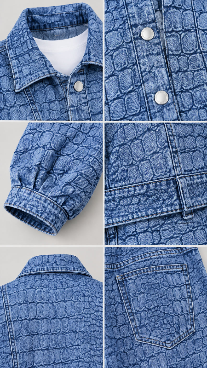 Close-up detail shots of croc pattern denim, collar, metallic buttons, cuff, and back pocket