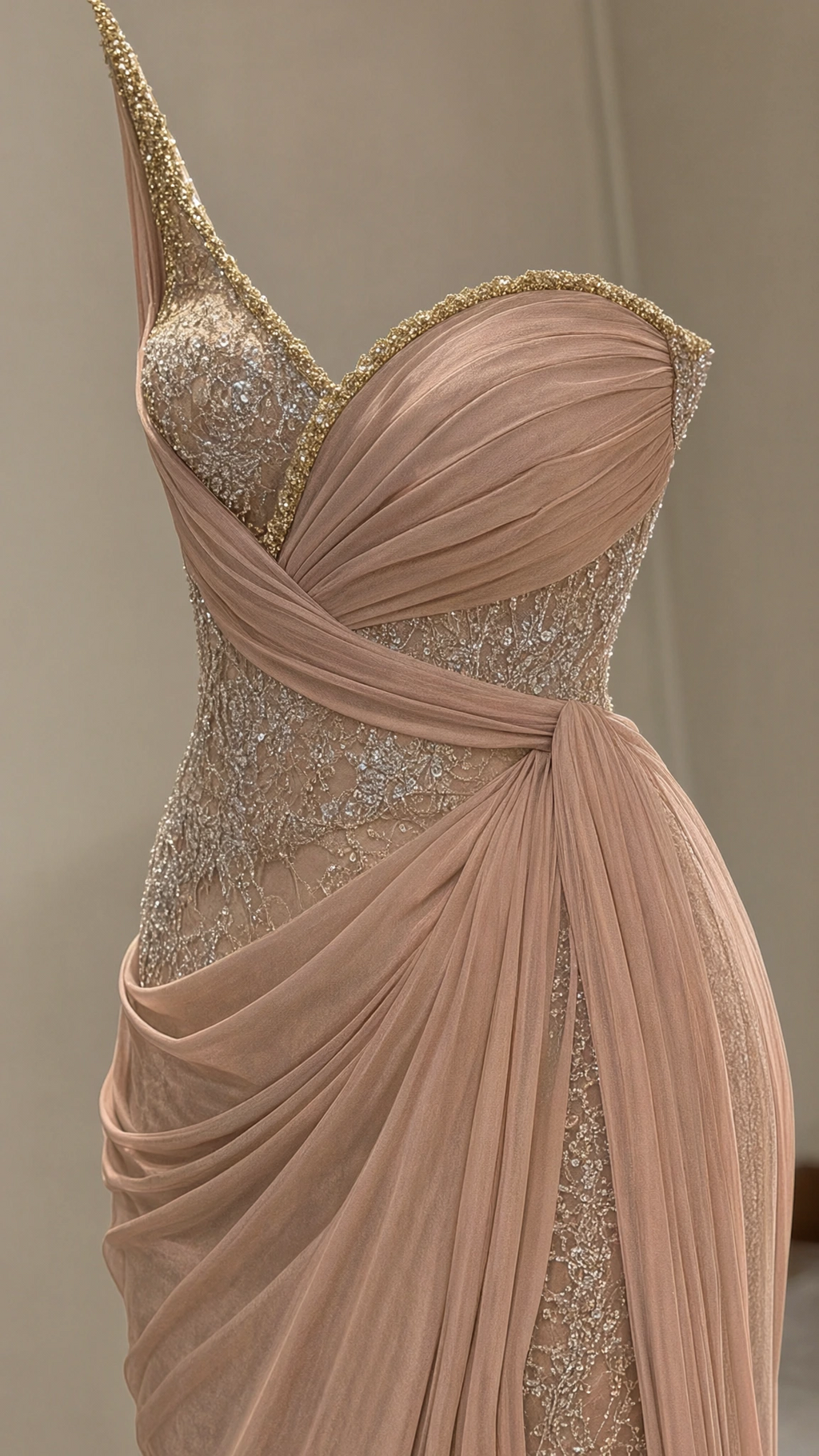 Close-up detail of sculptural sweetheart neckline and draped chiffon bodice