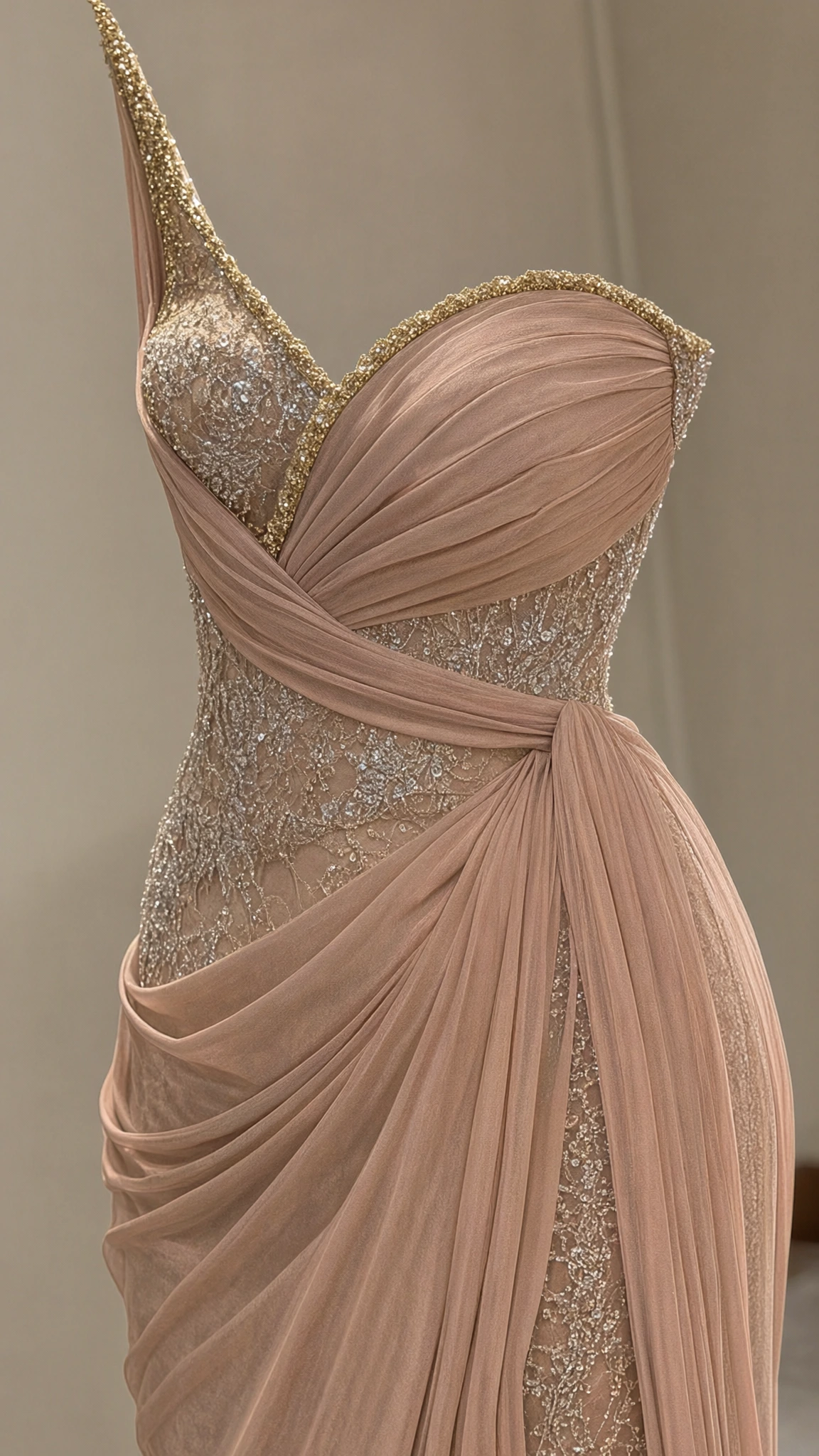 Close-up detail of sculptural sweetheart neckline and draped chiffon bodice