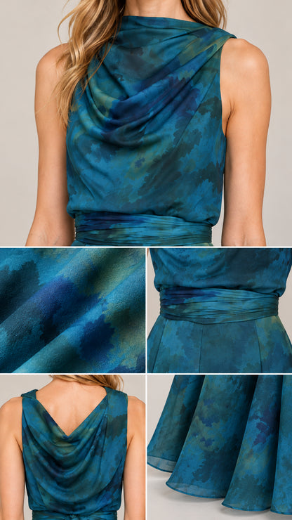 Close-up details of cowl neckline, fabric texture, ruched waistband, cowl back, and hem