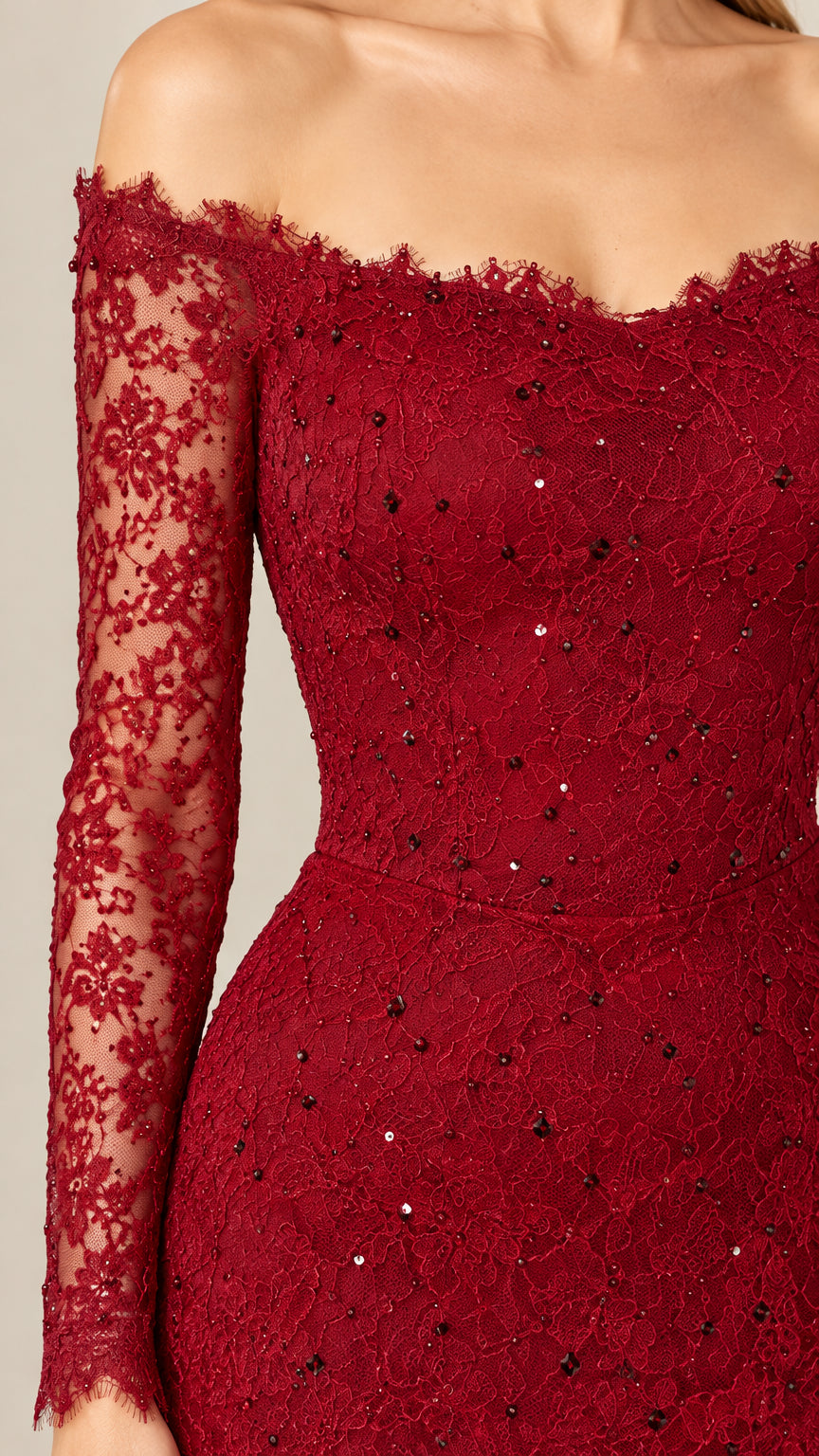 Detailed close-up of burgundy sequined lace fabric and scalloped off-the-shoulder neckline