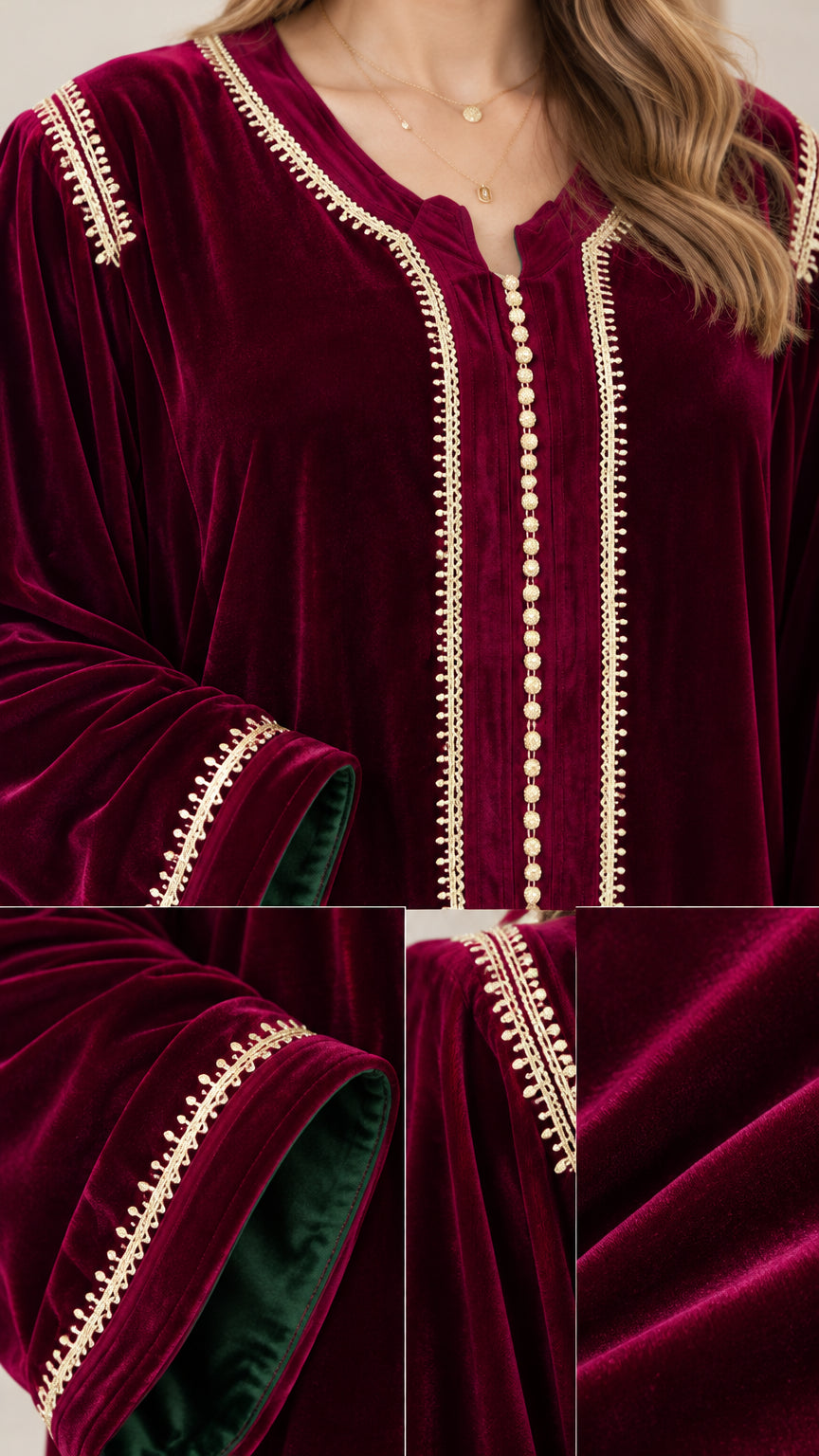 Close-up details of the gold braided embroidery on the neckline, cuffs, and hem of the Burgundy velvet dress