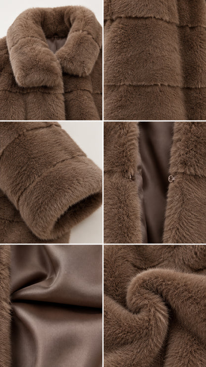 Close-up details of faux fur texture, turn-down collar, sleeve cuff, and inner satin lining