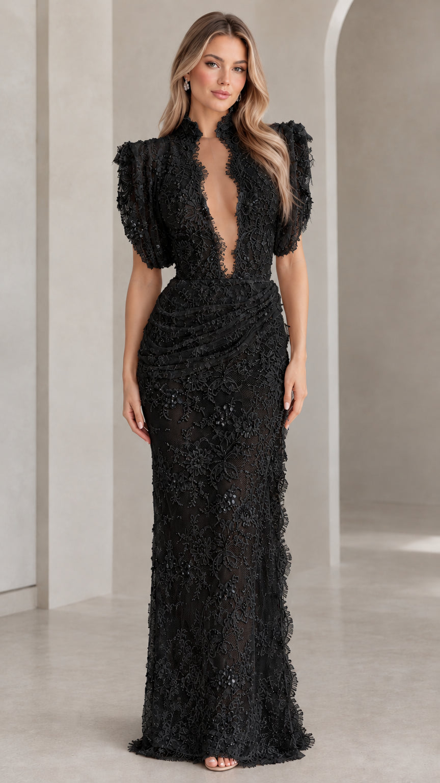 Front view of black floral lace puff sleeve plunge neck maxi evening gown