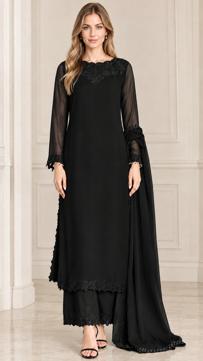 Black embroidered chiffon 3-piece tunic and palazzo pant set with scarf
