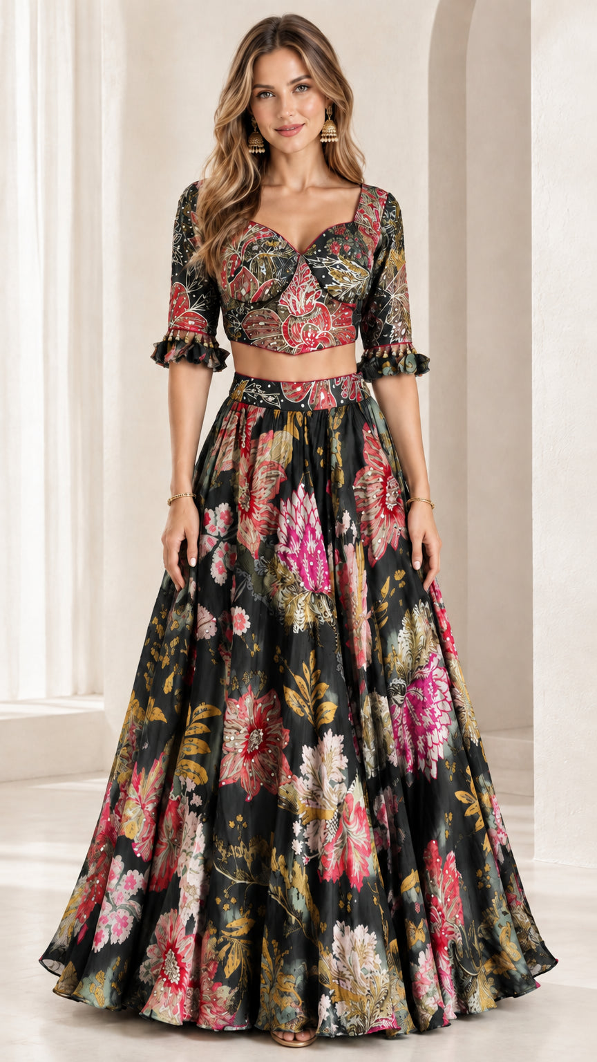 Front view of black floral print two-piece crop top and maxi skirt set