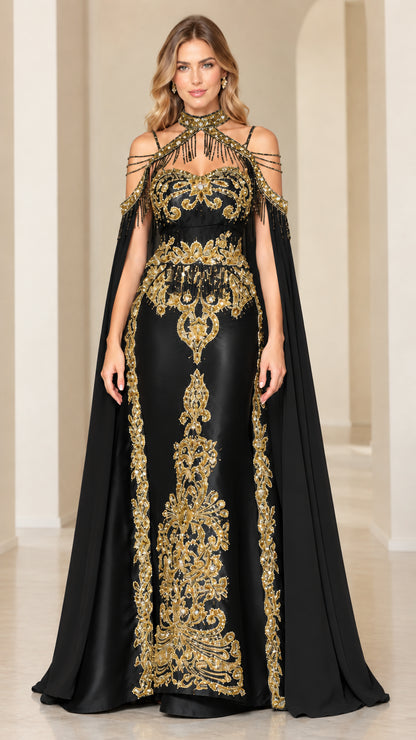 Black formal evening gown with ornate gold embroidery and dramatic cape sleeves