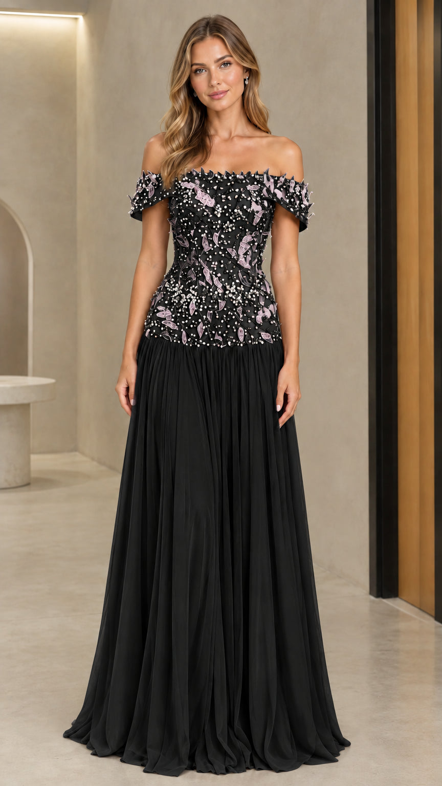 Front view of black off-the-shoulder evening dress with beaded floral bodice