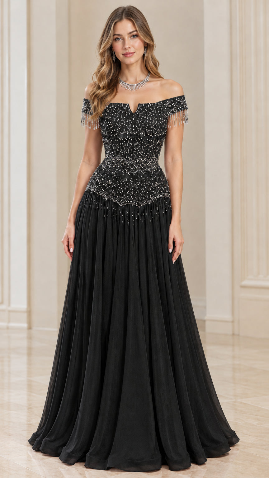 Black off-the-shoulder beaded fringe evening gown front view