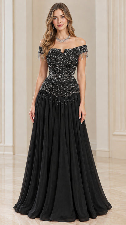 Black off-the-shoulder beaded fringe evening gown front view