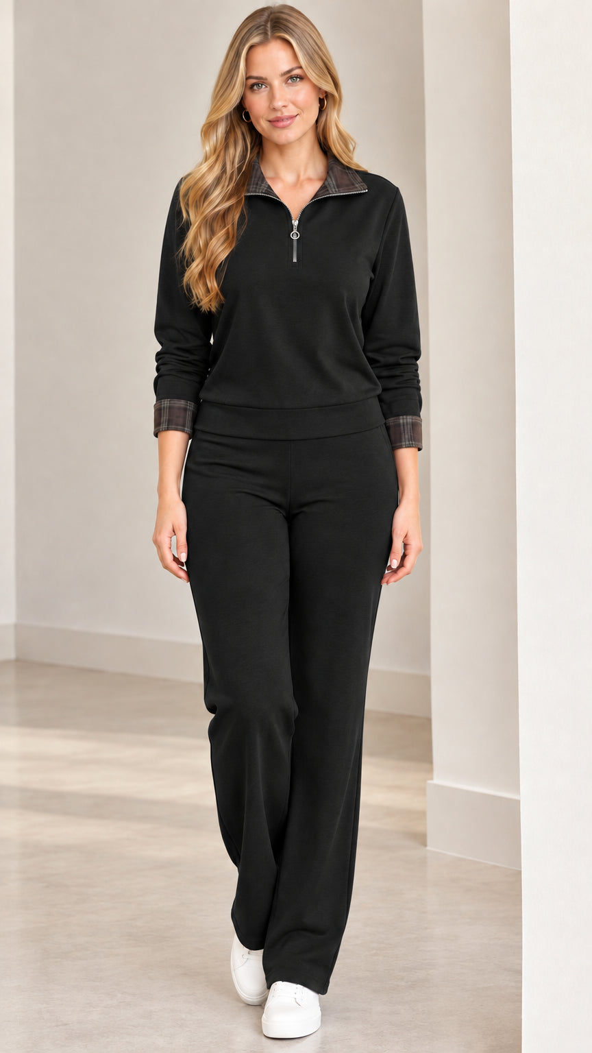 Black women's two-piece half-zip lounge set with plaid collar
