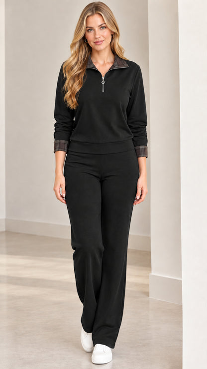 Black women's two-piece half-zip lounge set with plaid collar