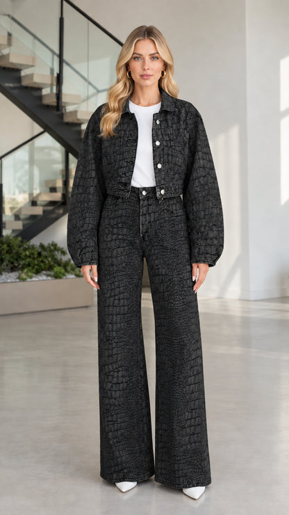 Full front view of model wearing Washed Black croc-embossed denim jacket and wide-leg pant set