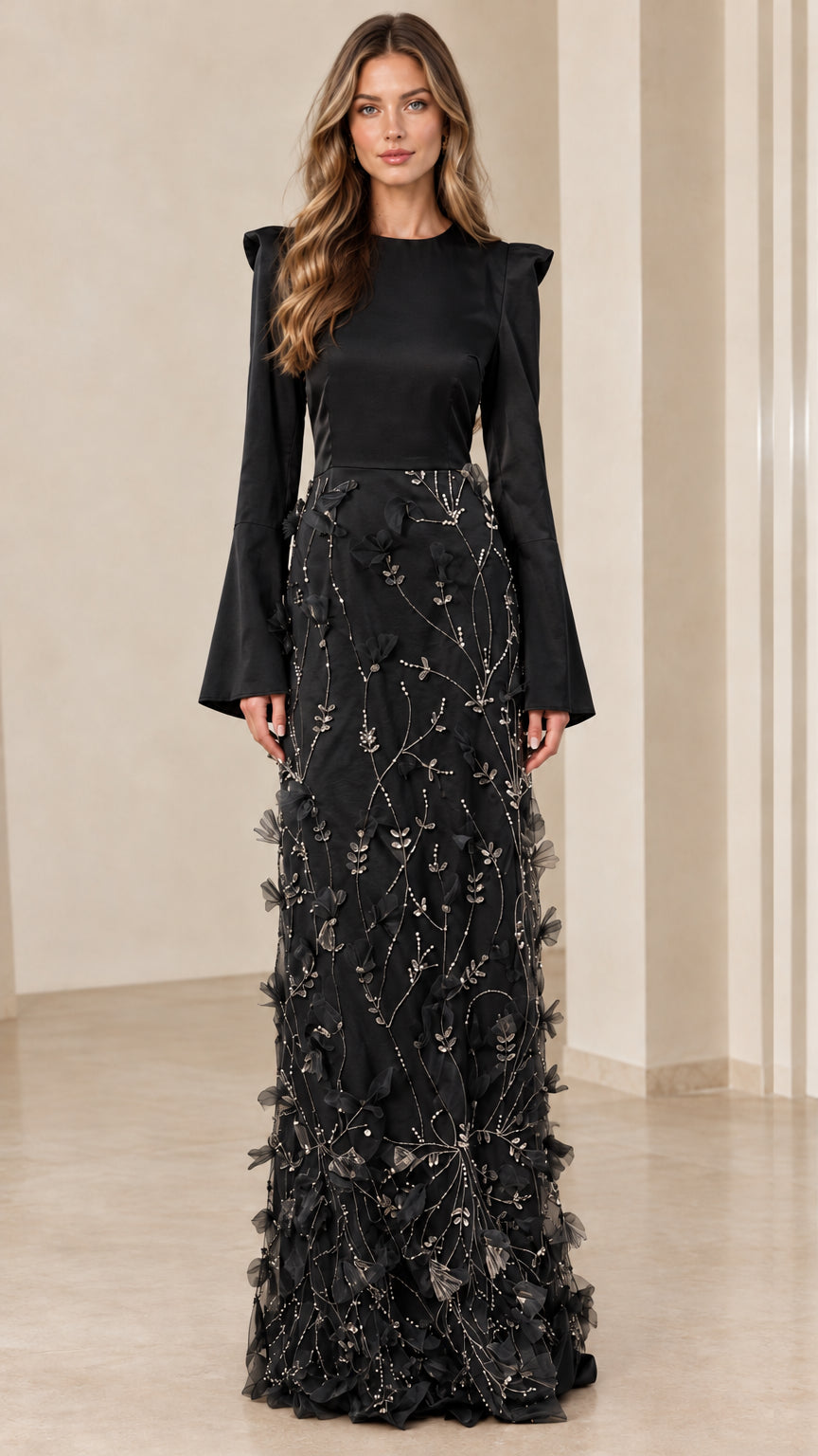 Full front view of the formal evening maxi dress in Black