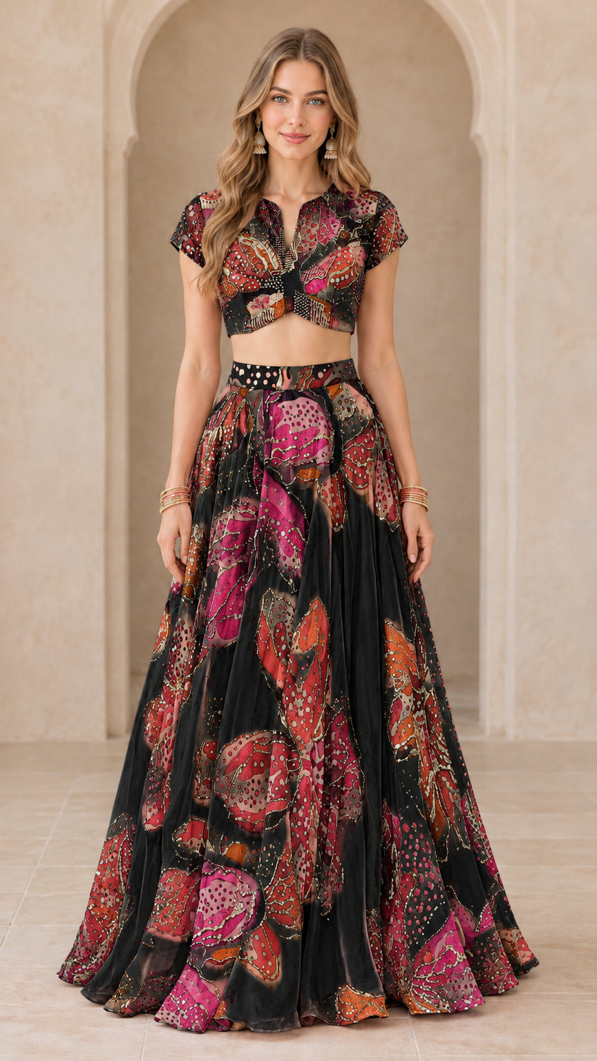 Black floral print two-piece crop top and flared maxi skirt set front view