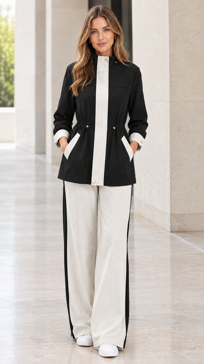 Black contrast trim two-piece jacket and wide-leg pant set